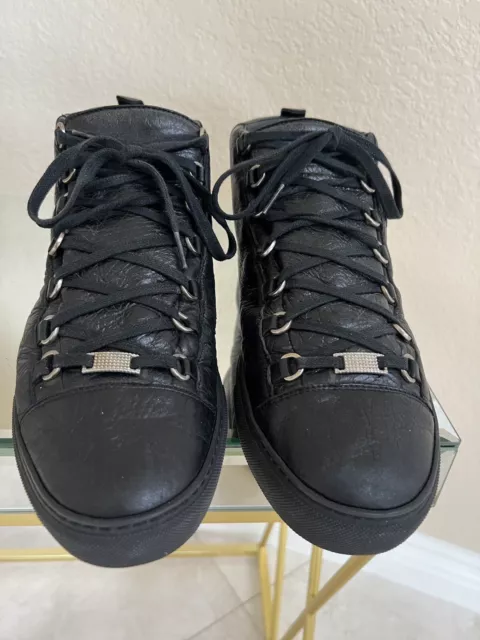 BALENCIAGA MENS Arena High Top Leather Sneakers Noir Black Size 44 2