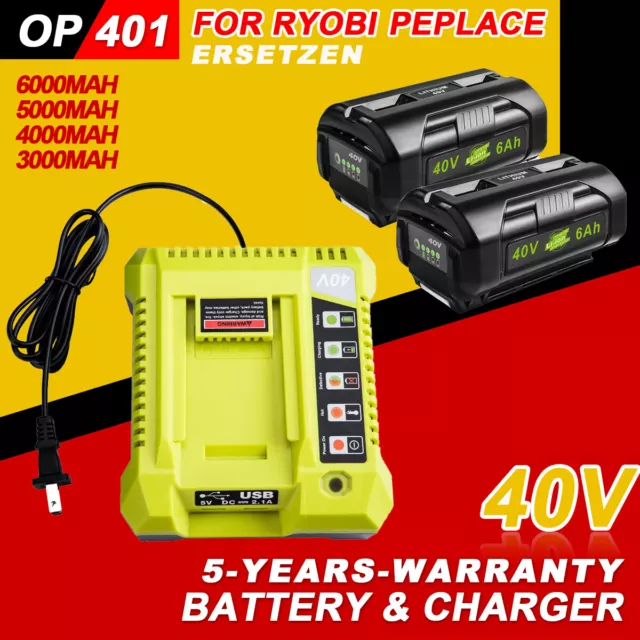 40V 6.0Ah Batería + Cargador Rápido para Ryobi OP4050A OP40602 OP40501 OP40601 OP402