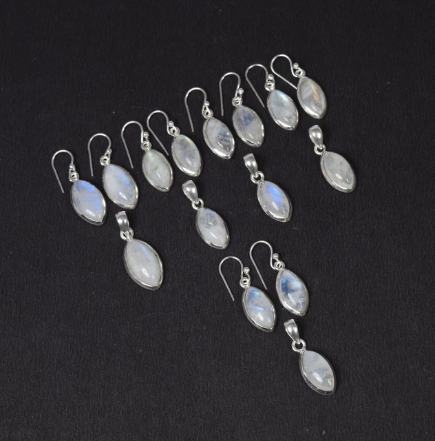 Wholesale 5 Set 925 Silver White Rainbow Moonstone Earring Pendant Set Lot S894