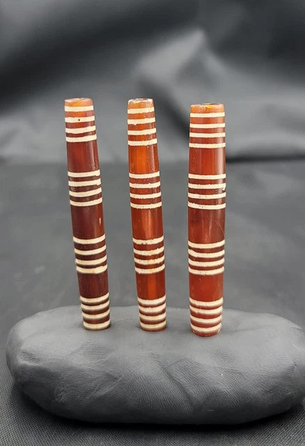 3 Ancient Pyu Himalayan Indo Tibeten Etched Natural Agate Beads Old Stone Beads
