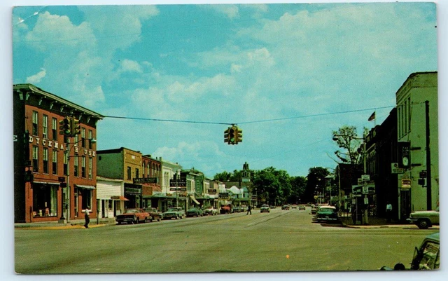 PAW PAW, MI ~ MICHIGAN AVENUE Street Scene c1960s Cars Van Buren County Postcard
