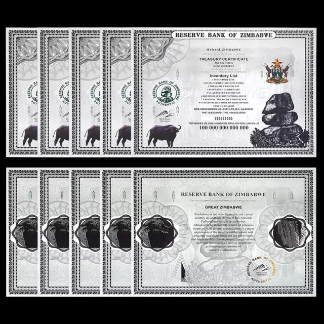 10Pcs Zimbabwe / Simbabwe Silver Banknote One Hundred Trillion Dollar Bills