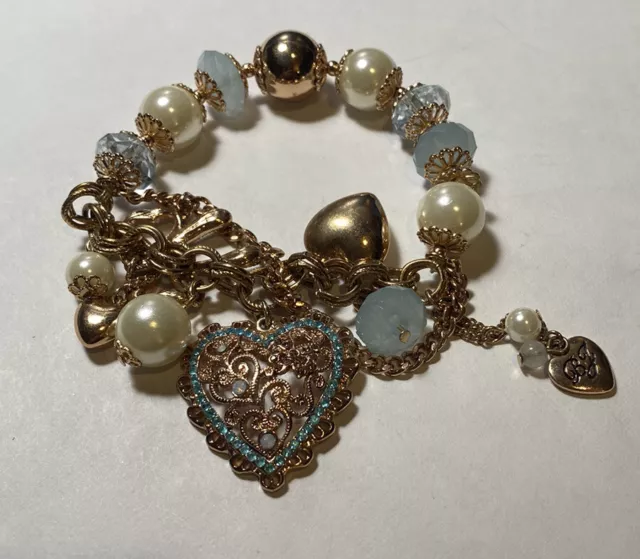 Betsey Johnson Blue Rhinestone, Faux Pearl Crystal Heart Bow Stretch Bracelet