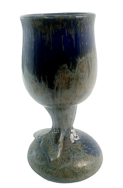 Vintage Doug Wylie Ceramic Whale Dolphin Tail Stemmed Wine Goblet Blue Drippy 7"
