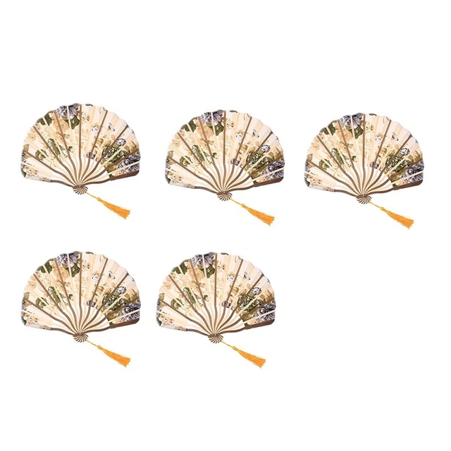5 piezas Ventilador de mano plegable de baile de bambú estilo clásico beige N3R6