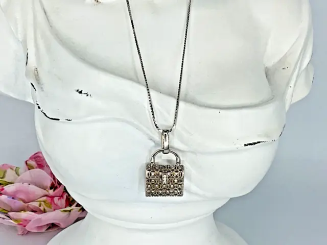 Sterling Silver Filigree CZ Purse Handbag Pendant Necklace Monet Chain