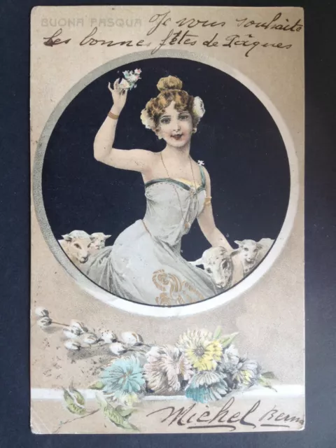 cpa de 1904 FANTAISIE FEMME Fleurs MOUTONS AGNEAUX Buena Pasqua Fête de Pâques