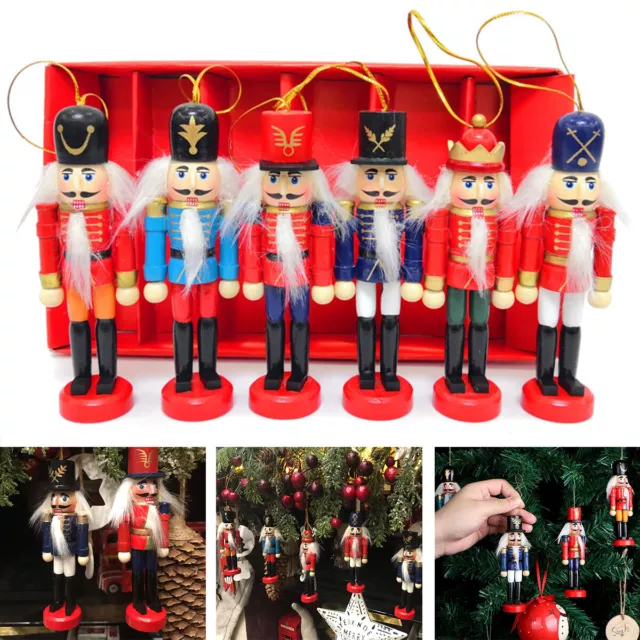 6pcs Wooden Nutcracker Soldiers Traditional Ornaments Christmas Tree Decoration