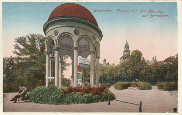 Alte Postkarte 2729 - Wiesbaden - Tempel auf dem Neroberg mit Restaurant