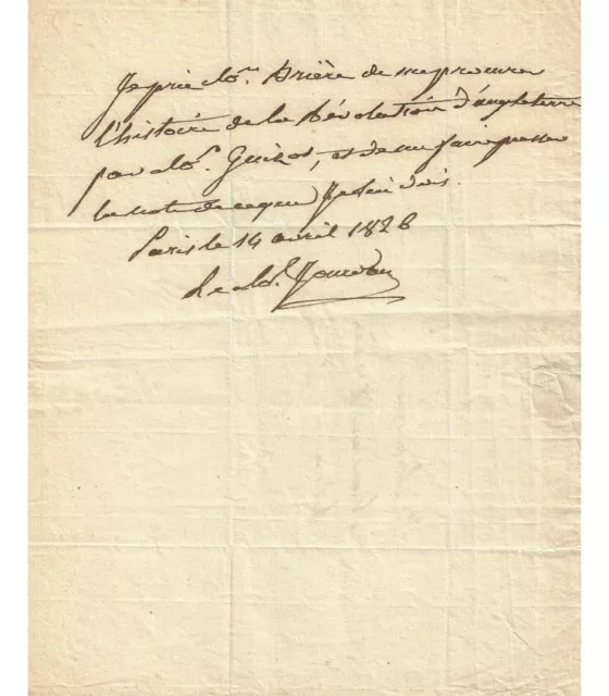JOURDAN Jean-Baptiste. Maréchal d'Empire. Billet autographe, 14 avril 1826 (Réf.