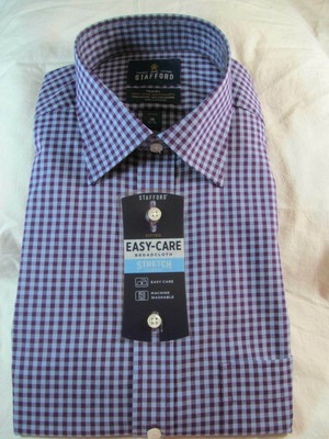 NWT STAFFORD EASY CARE BROADCLOTH STRETCH COMFORT DRESS SHIRT Blue Plum Gingham
