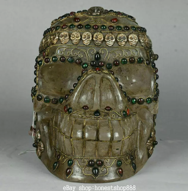 8.8 inch Old Tibetan Crystal Filigree Coral Buddhism Human Skeleton Skull Head