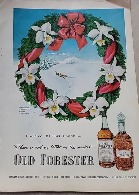 1951 Old Forester Bourbon Whiskey Christmas wreath John Howard art Vintage Ad