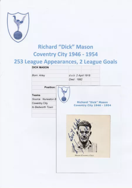 Dick Mason Coventry City 1946-1954 Rare Original Hand Signed Annual Cutting