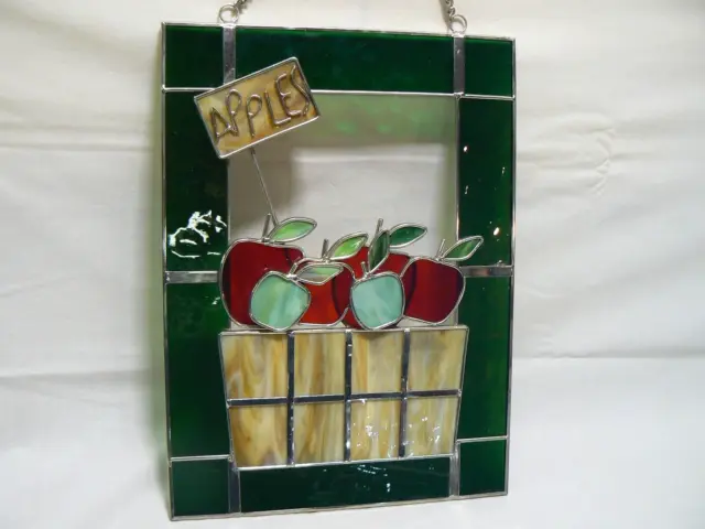 Stained Glass Basket Of Apples Wall Window Hanging 8"x11" 3 Dimensional Heavy