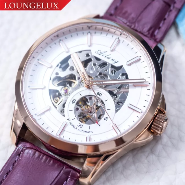 Mens Skeleton Automatic Mechanical Watch Rose Gold Purple Leather Luminous