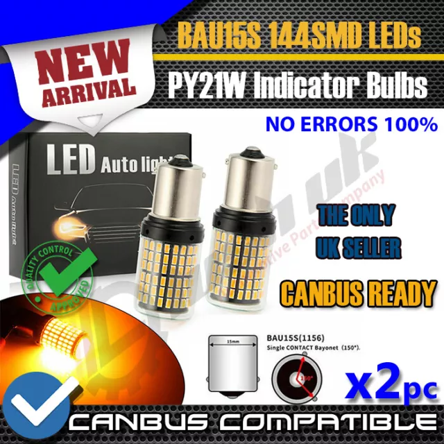 2x CANBUS AMBER 144 LED TURN SIGNAL INDICATOR BULBS ORANGE BAU15S PY21W 581 smd