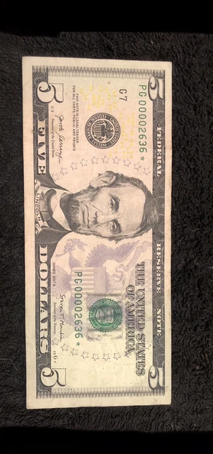 US 2017 A $5 Five Dollar Federal Reserve Quad Star Note low Serial# PG 00002636*