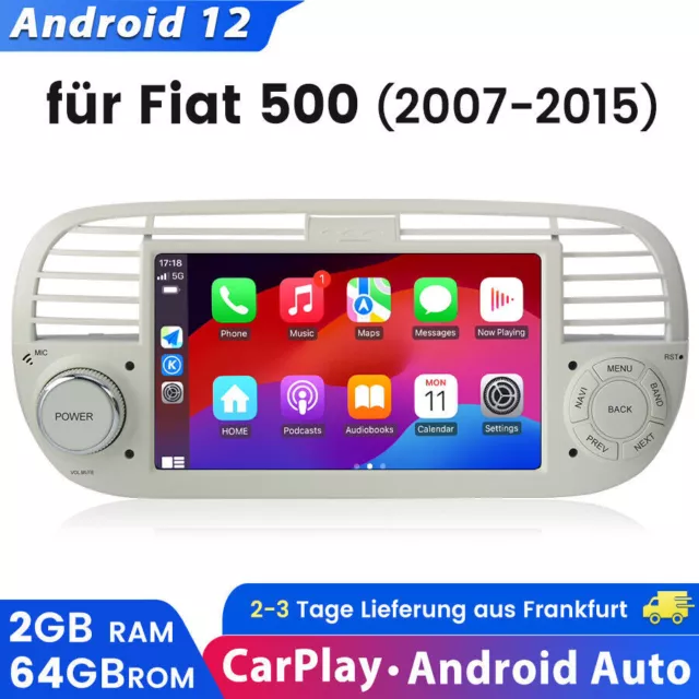 Autoradio 7 "Android12 Carplay pour Fiat 500 07-2015 GPS Sat Nav WIFI 2 + 64GB