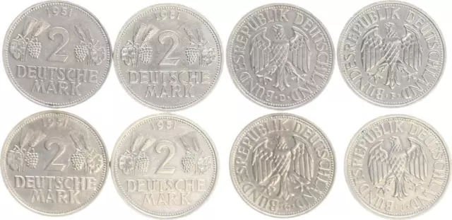 2 DM Kursmünzen 1951 DFGJ Ähren und Trauben Komplettsatz sehr schön-vorzüglich