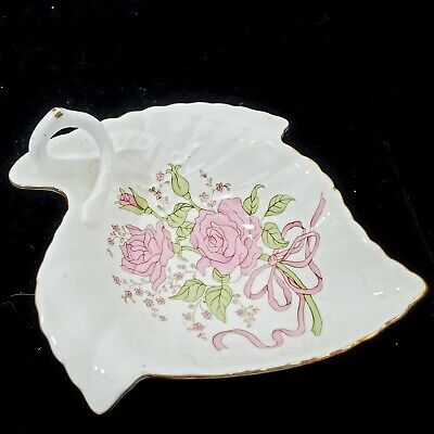 Vintage Porcelain Leaf Shape Candy Dish Pink Rose Design White Twist Handle