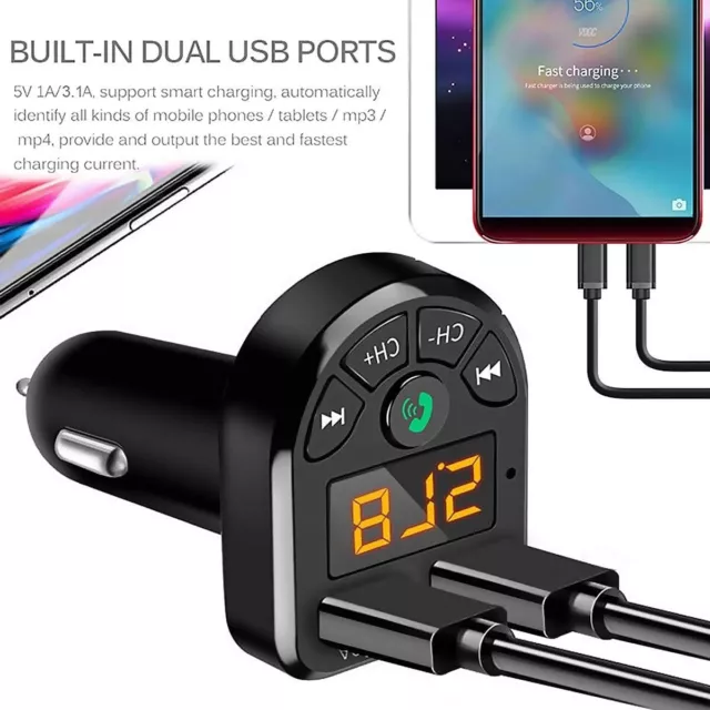 Car Wireless Bluetooth 5.0 FM Transmitter MP3 Player USB Car Charger Adapter UK 3