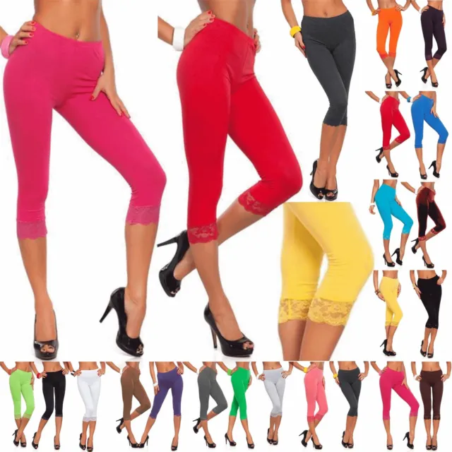 Womens Ladies 3/4 Length Lace Trim Edge Cropped Jog Trousers Jeggings Leggings