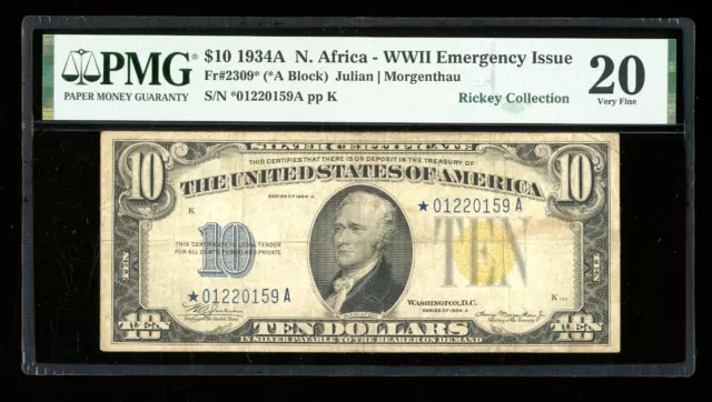 DBR 1934-A $10 North Africa Silver STAR Fr. 2309* PMG VF-20 Serial *01220159A