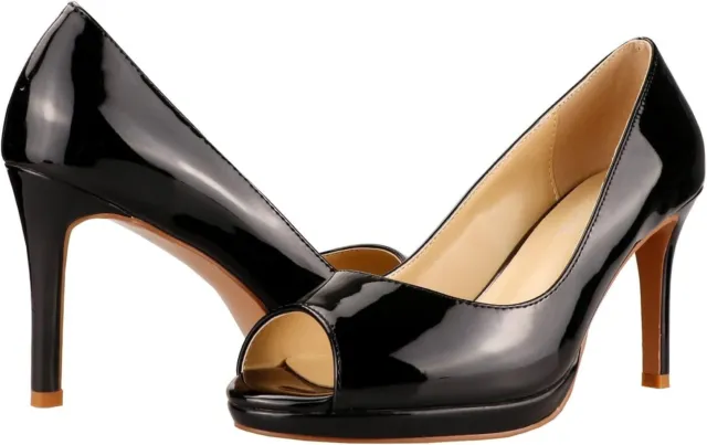 Womens patent leather sexy slip on glossy stiletto black peep toe pumps Size 9