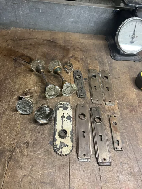 Old Ornate Antique Eastlake Victorian Glass Crystal Door Knobs Brass Plates Lot