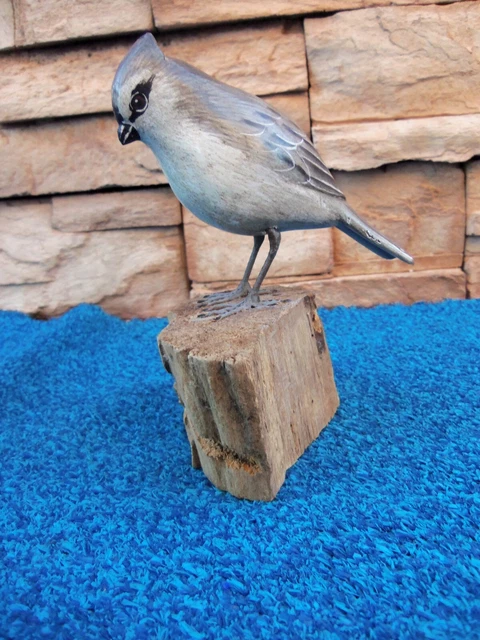 Vintage Hand Carved Wooden Gray Bird Figurine On Driftwood Signed DP5 2017