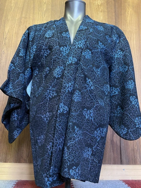 Japanese Kimono Coat Haori Urushi , Navy White, SHINY BLUE LINE Silk antique