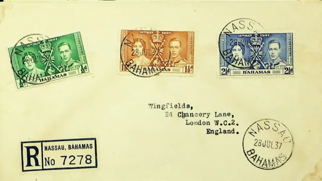 Sephil Bahamas 1937 Kgvi Coronation Nassau Regd Cover To England Gb