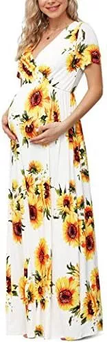 Xpenyo Womens Casual Maternity Maxi Dress V Wrap Baby Shower Pregnancy Dresses