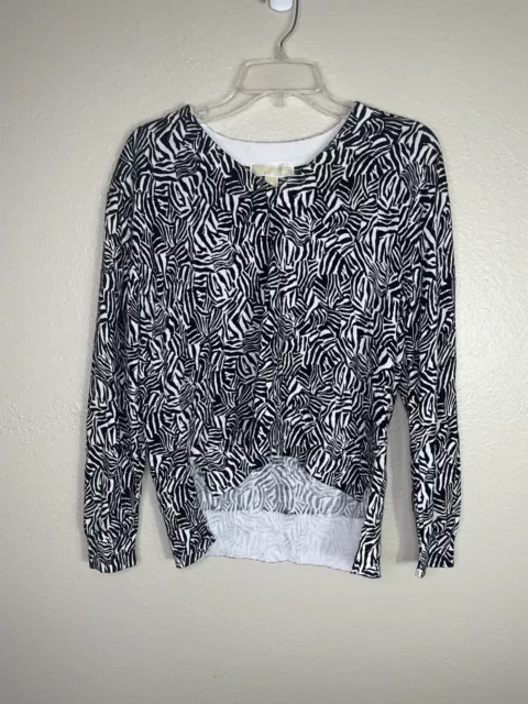 Michael Kors Women's Black White Zebra Drop Hem V Neck Pullover Sweater Size S