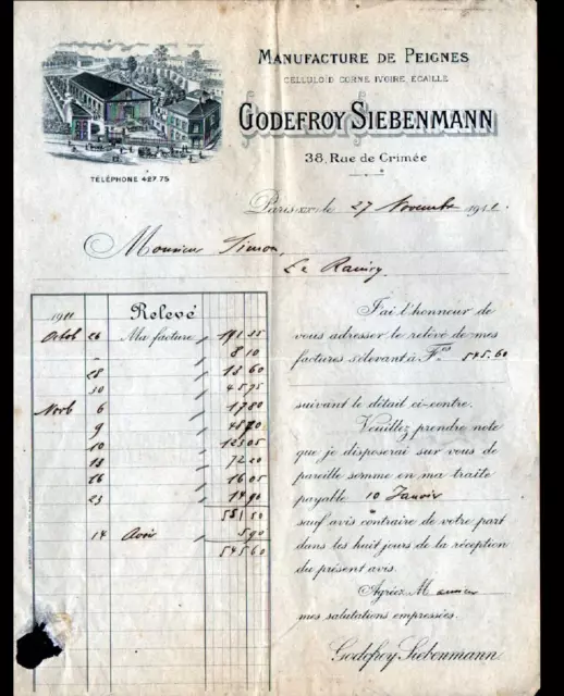 PARIS (XIX°) USINE / PEIGNES pour COIFFEUR "Godefroy SIEBENMANN" en 1912