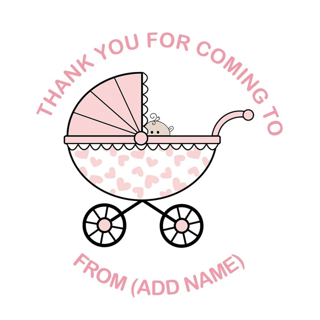 24 x Personalised Baby Shower girl pink pram Stickers, sweet cones, party 45mm