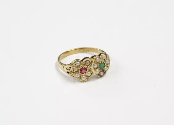 Gold 585 GG Ring - Jugendstil um 1890 / 1900 mit Rubin, Smaragd und Perlen