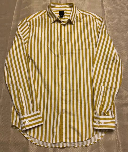 H&M Button Up Shirt Mens Medium M Slim Fit Long Sleeve Yellow White Stripes