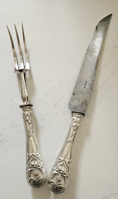 Service à gigot 3 pièces couverts anciens en argent fourré écrin Service à gigot 3 pièces couverts anciens en argent fourré écrin