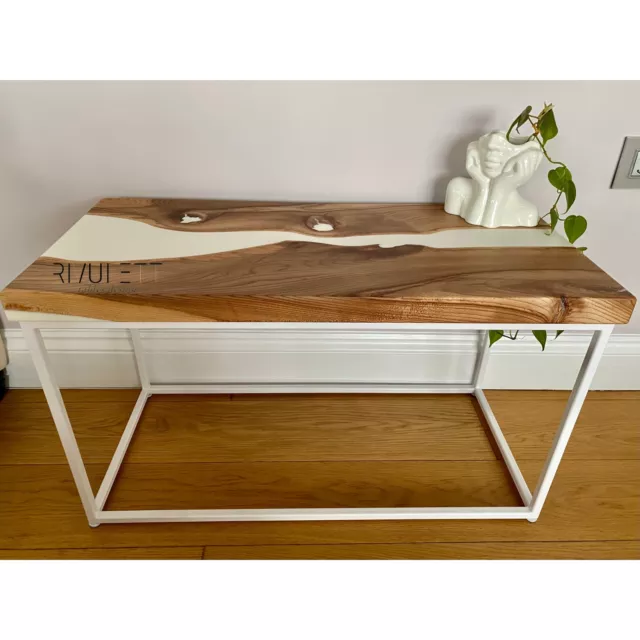 Modern English Elm Coffee Table | Side Table with White Matte Epoxy Resin