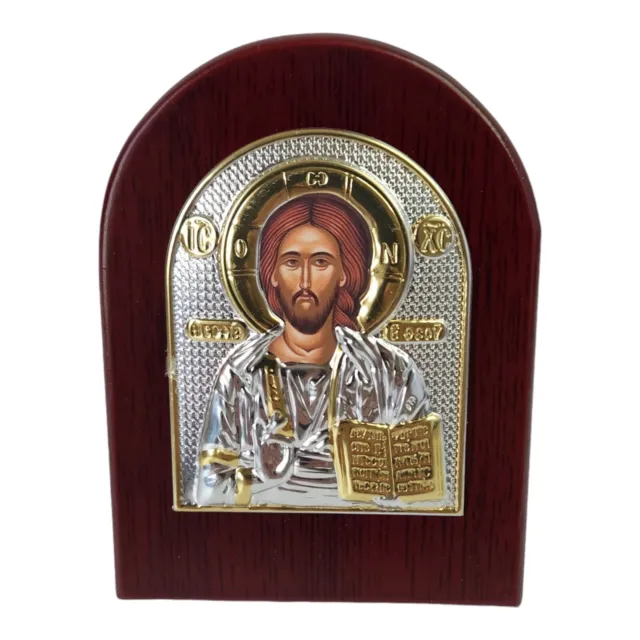 Orthodox Silver Gold Plated Jesus Christ Religious Icon Plaque Red Wood Frame