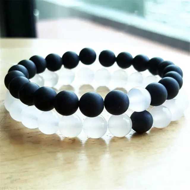 2 pièces 8 mm perles d'onyx noir naturel fait main bracelet 7,5 pouces pierre précieuse religieuse