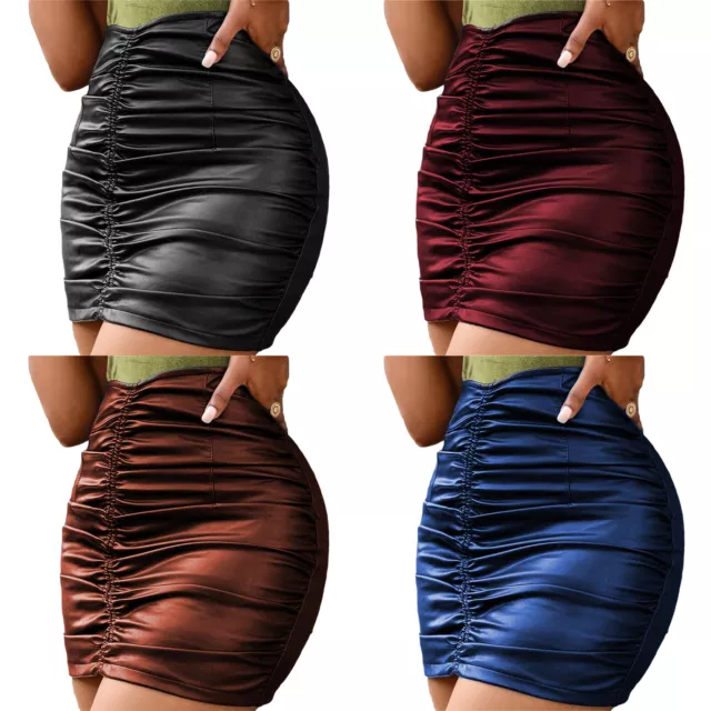 Women's Sexy Ruched PU Leather High Waist Skirt Ladies Bodycon Miniskirt Club