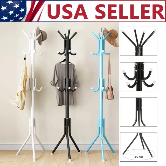 12 Hooks Coat Stand Tree Clothes Hat Hanger Umbrella Holder Metal Organizer