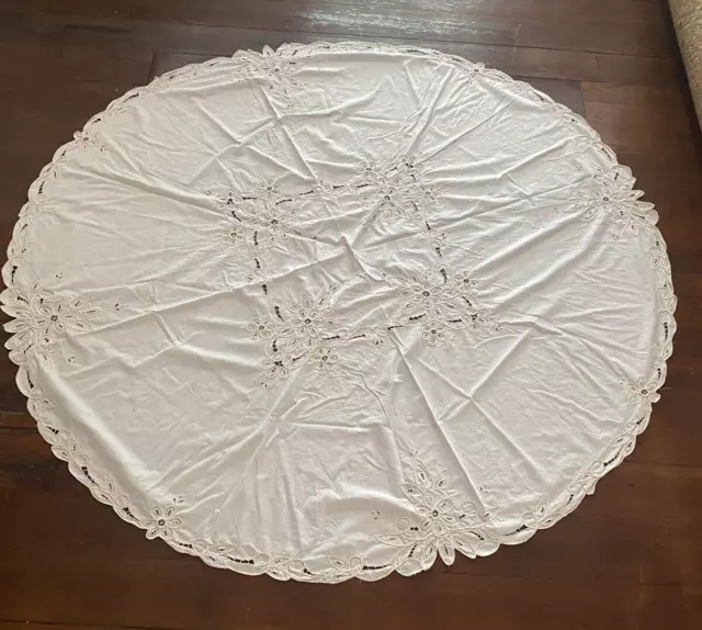 Vintage Off White Imperial Elegance Round Battenburg Lace  Cotton Tablecloth-65"