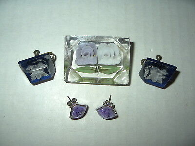 3 Vintage Reverse Carved Plastic Lucite Purple & White Flower Pin & Earrings