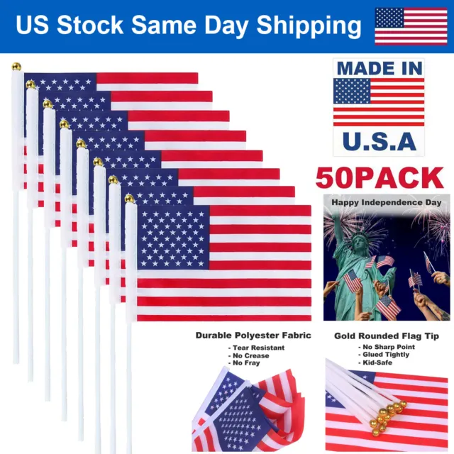 50PCS Small American Flags 5x8" Handheld US Flags on Stick For 4th of July Decor