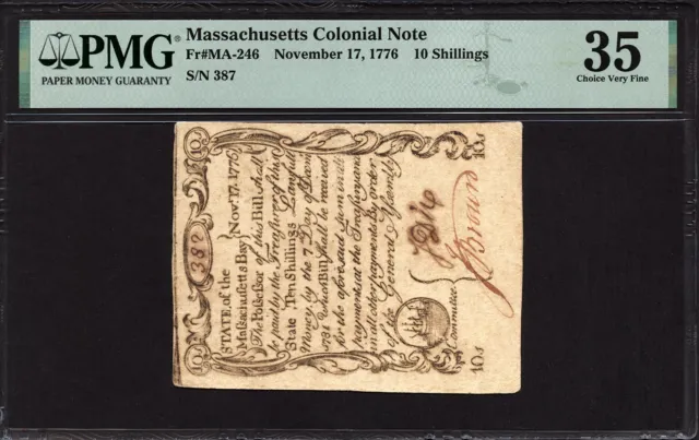 10 Shillings Nov. 17, 1776 Massachusetts Colonial FR MA-246 PMG 35 Sword-in-Hand