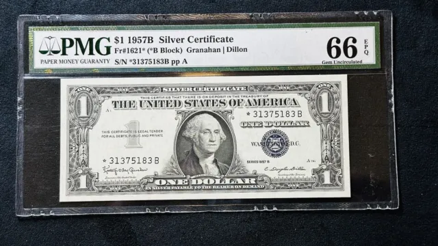1957-B Silver Certificate PMG 66 EPQ Gem Mint Uncirculated Star Note * Fr# 1621*